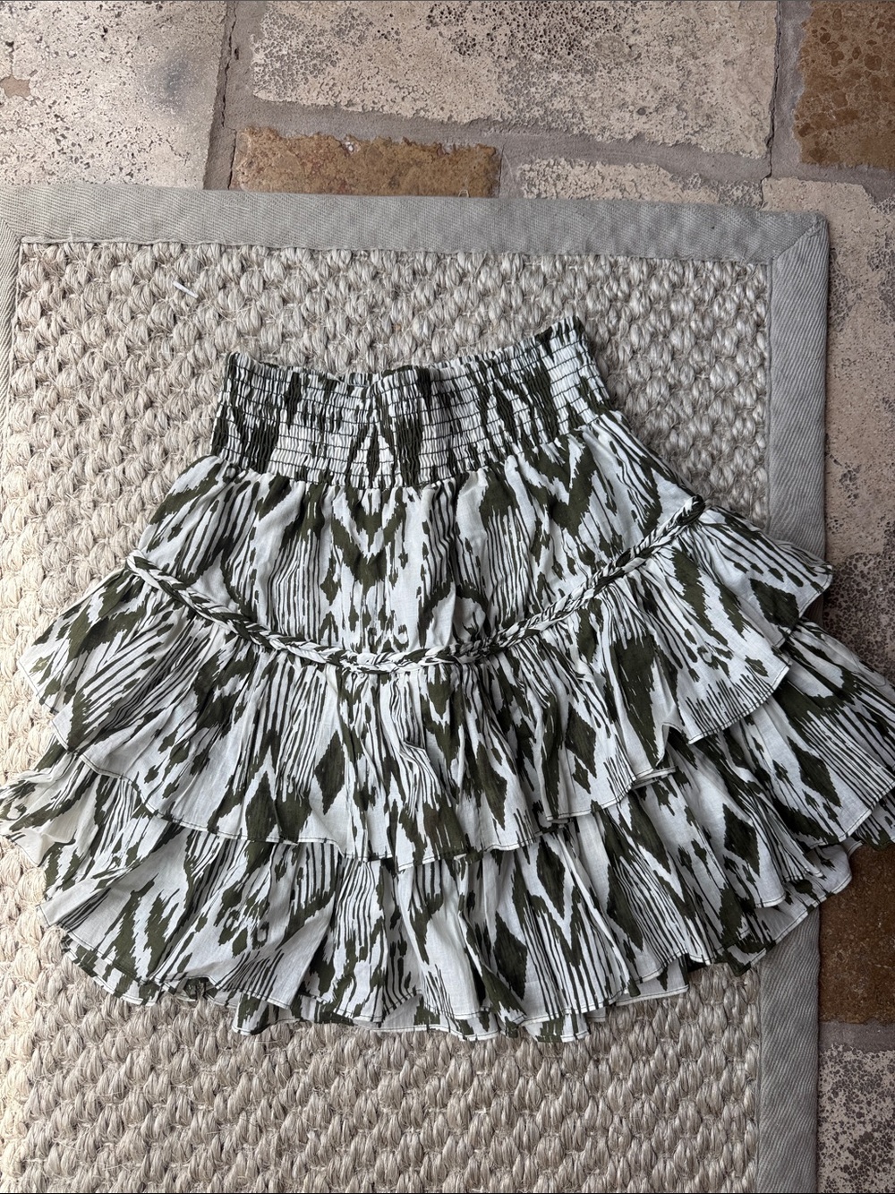 Misa Los Angeles Olive and White Tiered Ruffle Mini Skirt
